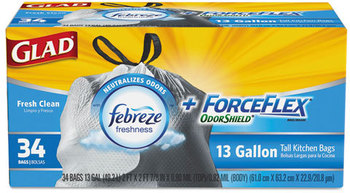 Glad® ForceFlex® OdorShield® Tall Kitchen Drawstring Bags,  Fresh Clean, 13gal, White, 34/Box, 6 Boxes/Carton