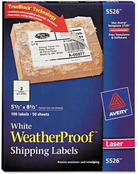 Avery® Waterproof Mailing Labels with TrueBlock® Technology Shipping Laser Printers, 5.5 x 8.5, White, 2/Sheet, 50 Sheets/Pack