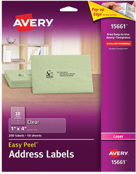 Avery® Matte Clear Easy Peel® Mailing Labels with Sure Feed® Technology w/ Laser Printers, 1 x 4, 20/Sheet, 10 Sheets/Pack