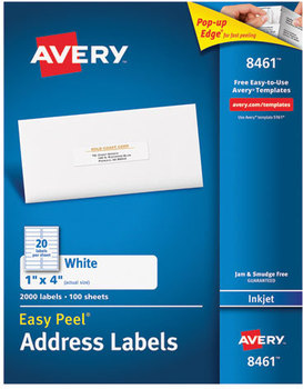 Avery® Easy Peel® White Address Labels with Sure Feed® Technology w/ Inkjet Printers, 1 x 4, 20/Sheet, 100 Sheets/Box
