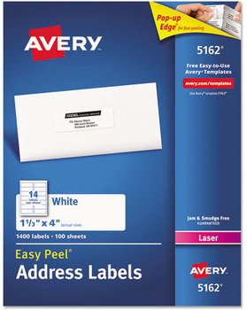 Avery® Easy Peel® White Address Labels with Sure Feed® Technology w/ Laser Printers, 1.33 x 4, 14/Sheet, 100 Sheets/Box
