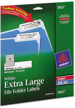Avery® Extra-Large TrueBlock® File Folder Labels with Sure Feed® Technology 0.94 x 3.44, White, 18/Sheet, 25 Sheets/Pack