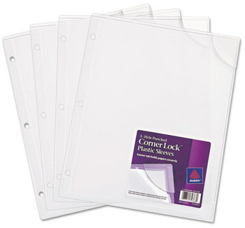 Avery® Corner Lock® 3-Hole Punched Plastic Sleeves Three-Hole 9.5 x 11.75, Clear, 4/Pack