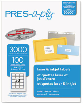 PRES-a-ply® Labels Laser Printers, 1 x 2.63, White, 30/Sheet, 100 Sheets/Box