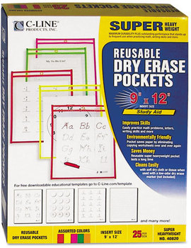 C-Line® Reusable Dry Erase Pockets,  9 x 12, Assorted Neon Colors, 25/Box