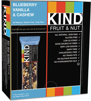 KIND Fruit and Nut Bars,  Blueberry Vanilla and Cashew, 1.4 oz Bar, 12/Box
