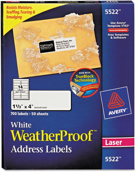 Avery® Waterproof Mailing Labels with TrueBlock® Technology Address and Sure Feed, Laser Printers, 1.33 x 4, White, 14/Sheet, 50 Sheets/Pack