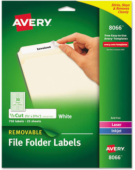 Avery® Removable File Folder Labels with Sure Feed® Technology 0.66 x 3.44, White, 30/Sheet, 25 Sheets/Pack