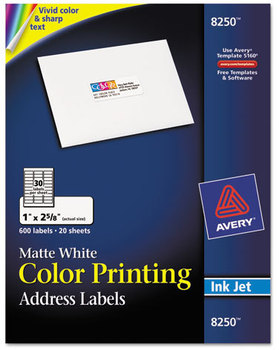 Avery® Vibrant Color Printing Mailing Labels Inkjet Color-Print w/ Sure Feed, 1 x 2.63, Matte White, 600/PK