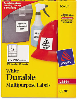 Avery® Durable Permanent ID Labels with TrueBlock® Technology Laser Printers, 2 x 2.63, White, 15/Sheet, 50 Sheets/Pack