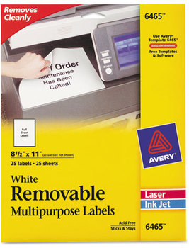 Avery® Removable Multi-Use Labels Inkjet/Laser Printers, 8.5 x 11, White, 25/Pack