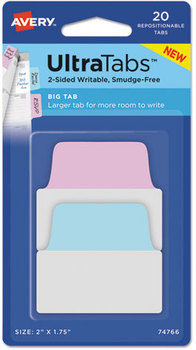 Avery® Ultra Tabs™ Repositionable Tabs,  2 x 1 3/4, Pastel: Blue, Pink, 20/Pack