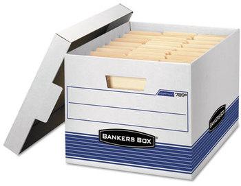 Bankers Box® STOR/FILE™ Medium-Duty Letter/Legal Storage Boxes Files, 12.75" x 16.5" 10.5", White/Blue, 4/Carton