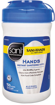 Sani Professional® Sani-Hands® II Sanitizing Wipes,  5"w x 6"l, White, 150/Canister, 12/Case