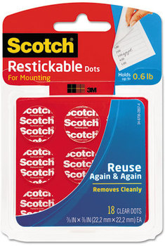 Scotch® Restickable Mounting Tabs,  7/8 x 7/8, Clear, 18/Pack