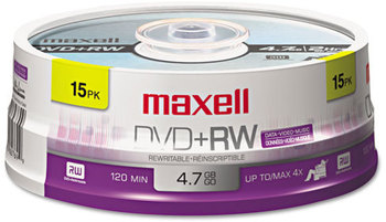 Maxell® DVD+RW Rewritable Disc,  4.7GB, 4x, Spindle, Silver, 15/Pack