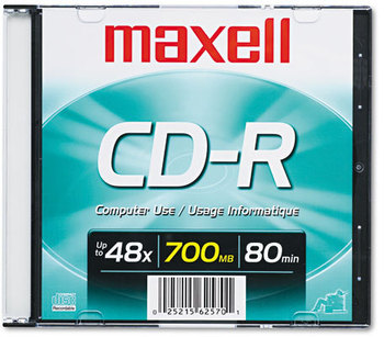 Maxell® CD-R Recordable Disc,  700MB/80min, 48x, w/Slim Jewel Case, Silver