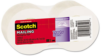 Scotch® Tear-By-Hand Packaging Tapes,  1.88" x 50yds, 1 1/2" Core, Clear, 2/Pack