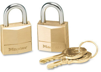 Master Lock® Twin Brass 3-Pin Tumbler Lock,  3/4" Wide, 2 Locks & 2 Keys, 2/Pack