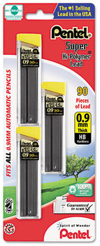 Pentel® Super Hi-Polymer® Lead Refills,  0.9mm, HB, Black, 30/Tube, 3 Tubes/Pack