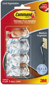 Command™ Adhesive Cord Management,  Medium, 3/8", w/Adhesive, Clear, 4/Pack