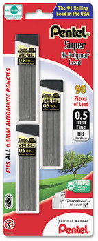 Pentel® Super Hi-Polymer® Lead Refills,  0.5mm, HB, Black, 30/Tube, 3 Tubes/Pack