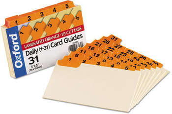 Oxford® Manila Index Card Guides with Laminated Tabs,  Daily, 1/5 Tab, Manila, 3 x 5, 31/Set