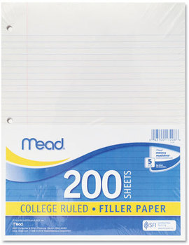 Mead® Filler Paper,  15lb, College Rule, 11 x 8 1/2, White, 200 Sheets