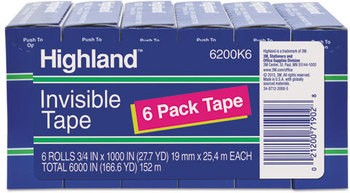 Highland™ Invisible Permanent Mending Tape 1" Core, 0.75" x 83.33 ft, Clear, 6/Pack