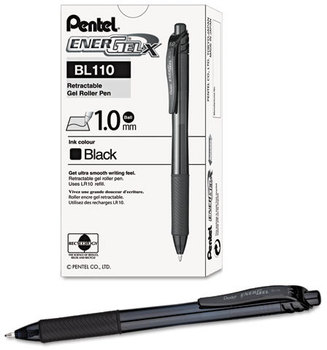 Pentel® EnerGel-X® Retractable Roller Gel Pen,  1mm, Trans Black Barrel, Black Ink, Dozen