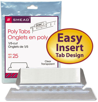 Smead™ Poly Index Tabs & Inserts For Hanging File Folders and 1/5-Cut, White/Clear, 2.25" Wide, 25/Pack