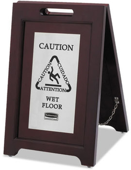 Rubbermaid® Commercial Executive 2-Sided Multi-Lingual Wooden Caution Sign,  Brown/Stainless Steel,15 x 23 1/2