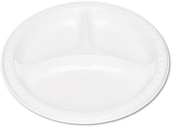 Tablemate® Plastic Dinnerware,  Compartment Plates, 9" dia, White, 125/Pack