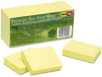 Redi-Tag® 100% Recycled Self-Stick Notes,  1 1/2 x 2, Yellow, 12 100-Sheet Pads/Pack