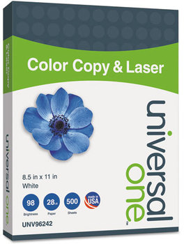 Universal® Deluxe Color Copy & Laser Paper and 98 Bright, 28 lb Bond Weight, 8.5 x 11, White, 500/Ream
