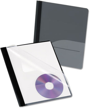 Oxford® Clear Front Report Cover with Pocket and CD Slot,  CD Pocket, 3 Fasteners, Letter, Black, 25/Box
