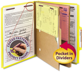 Smead™ Six-Section Pressboard Top Tab Pocket-Style Classification Folders with SafeSHIELD® Coated Fasteners 6-Section Pocket 6 2 Dividers, Letter Size, Yellow, 10/Box