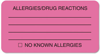Tabbies® Allergy Warning Labels,  1-3/4 x 3-1/4, Fluor Pink, 250/Roll