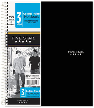 Five Star® Wirebound Notebook,  College Rule, 8 1/2 x 11, 3 Subject, 150 Sheets