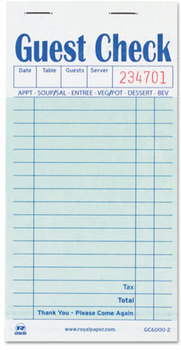 Royal Guest Check Book,  Carbon Duplicate, 3 1/2 x 6 7/10, 50/Book, 50 Books/Carton