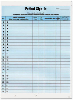 Tabbies® Patient Sign-In Label Forms,  8 1/2 x 11 5/8, 125 Sheets/Pack, Blue