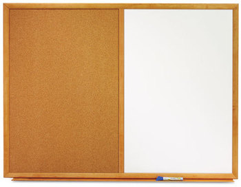 Quartet® Combination Board,  Melamine/Cork, 48 x 36, White/Brown, Oak Finish Frame