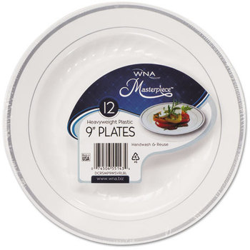 WNA Masterpiece™ Plastic Dinnerware,  9 in, White w/Silver Accents, Round, 120/Carton