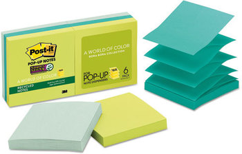 Post-it® Pop-up Notes Super Sticky Pop-up Recycled Notes in Bora Bora Colors,  3 x 3, 90/Pad, 6 Pads/Pack