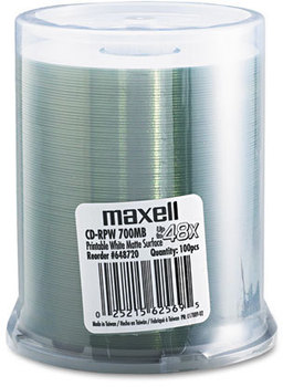 Maxell® CD-R Printable Recordable Disc,  700MB/80 min, 48x, Spindle, Printable Matte White, 100/Pack