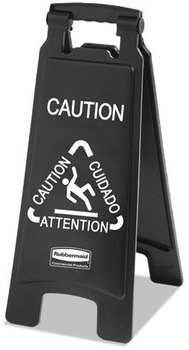 Rubbermaid® Commercial Executive 2-Sided Multi-Lingual Caution Sign,  Black/White, 10 9/10 x 26 1/10