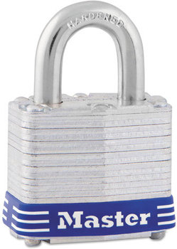 Master Lock® 4-Pin Tumbler Lock,  Laminated Steel Body, 1 9/16" Wide, Silver/Blue, Two Keys