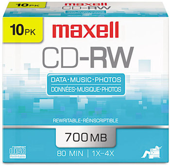 Maxell® CD-RW Rewritable Disc,  700MB/80min, 4x, Silver, 10/Pack