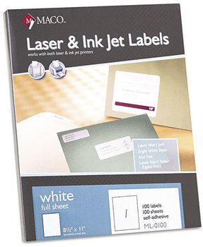 MACO® White Laser/Inkjet Full-Sheet Identification Labels,  8 1/2 x 11, White, 100/Box
