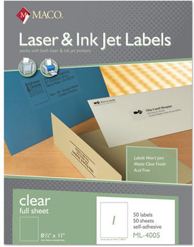 MACO® Laser/Inkjet Matte Clear Full Sheet Labels,  8 1/2 x 11, 50/Box